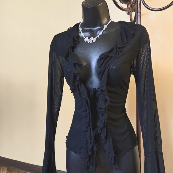 Elegant Black Ruffled Women's Top Netting 90s - Picture 2 of 2